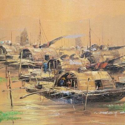 CHINESE HARBOR PAINTING SIGNED BY EDDIE SARMIENTO