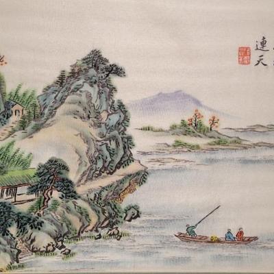 CHINESE SILK WATERCOLOR WITH EMBROIDERY 
