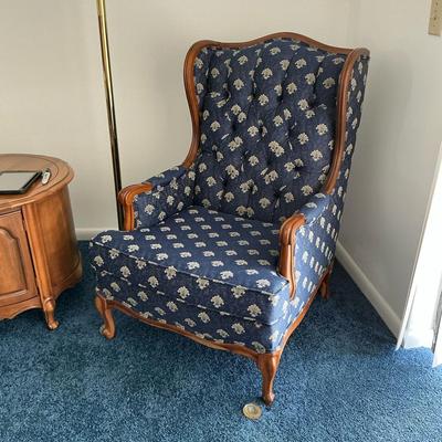 Blue Scallop Print Wingback Chair