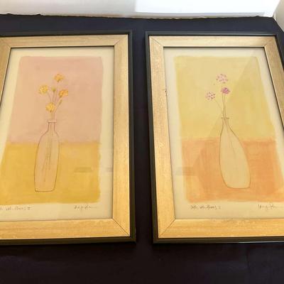 2 Framed Signed Drawings Of Bottles With Flowers