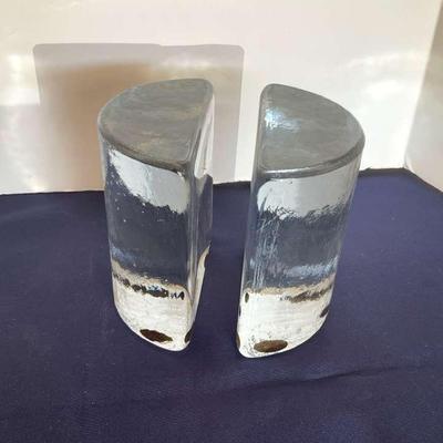 Blenko Handmade Half-Moon Glass Set Of 2 Clear Bookends