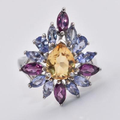 Sterling Silver 1.5 Carat Natural Unheated Citrine, Rhodolite Garnet & Tanzanite Burst Ring