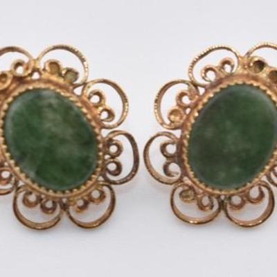 Vintage Ornate Gold-Filled Gree Jade Earrings