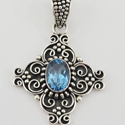 6 Carat Blue Topaz Sterling Silver Pendant 