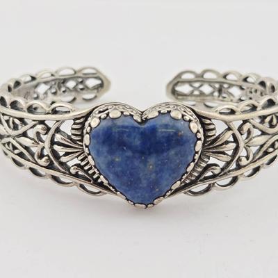 Carolyn Pollock Sterling Silver Lapis Heart Hinged Cuff Bracelet 