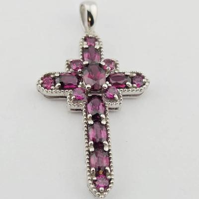 Sterling Silver Rhodolite Garnet Cross Pendant 