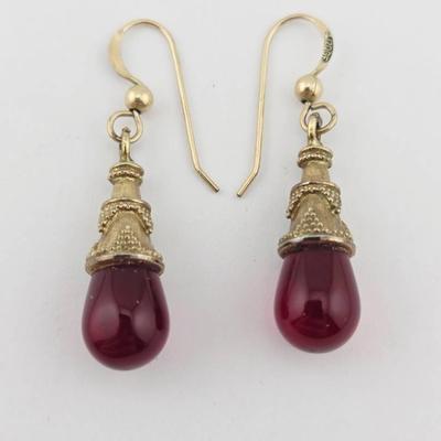 Vintage Gold Filled Red Glass Dangle Earrings 