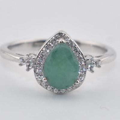 Sterling Silver Natural Unheated Pear Emerald Ring