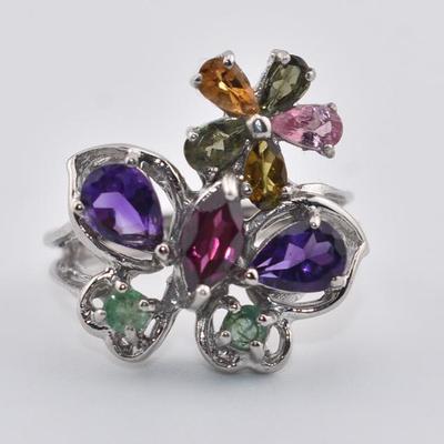 Sterling Silver Natural Unheated Amethyst, Emerald, Garnet & Tourmaline Butterfly Ring