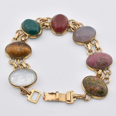 Vintage Gold-Filled, Rock Crystal, Tigers Eye & Agate Scarab Bracelet