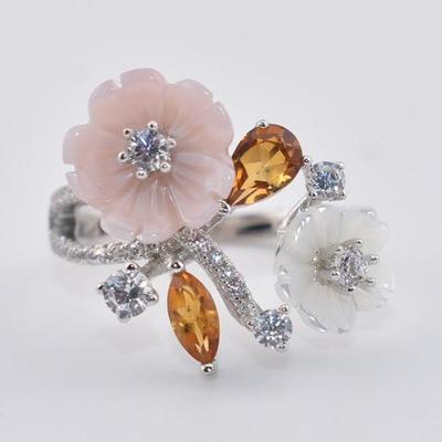 Sterling Silver Citrine & Mother of Pearl Floral Ring
