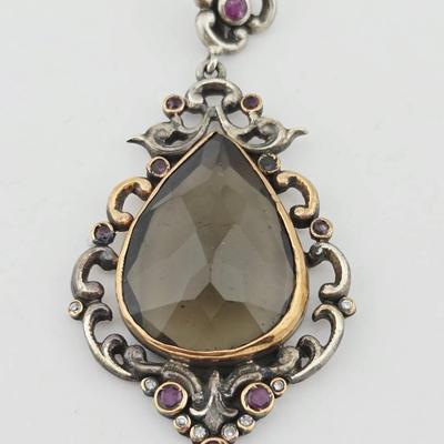 Smokey Quartz & Ruby Sterling Silver Pendant