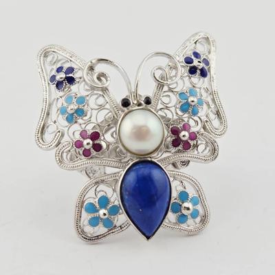 Sterling Silver Lapis & Pearl Butterfly Ring