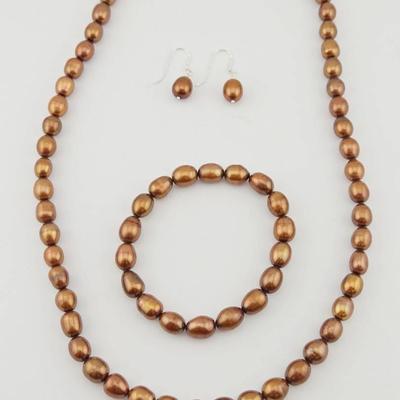 Designer Sterling Silver Chocolate Freshwater Pearl Necklace Bracelet Earrings Set