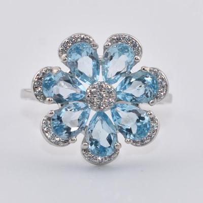 Sterling Silver Natural Sky Blue Topaz Floral Ring