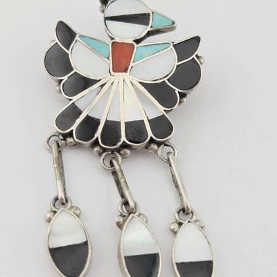 Vintage Zuni Sterling Silver Inlay Thunderbird Pendant Brooch