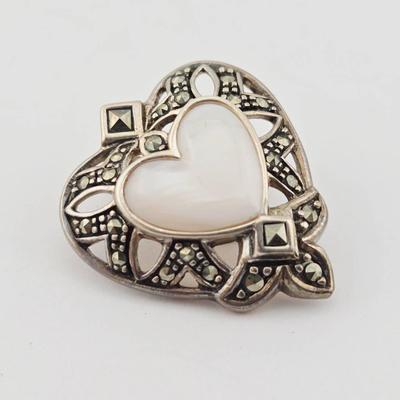Sterling Silver Mother Of Pearl Marcasite Heart Pendant 