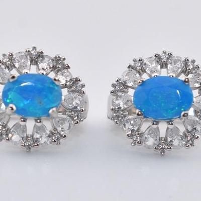 Sterling Silver Natural Oval Blue Opal Earrings