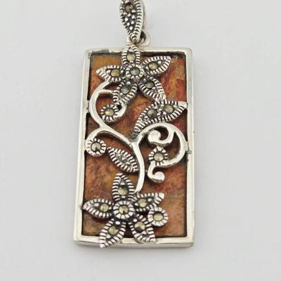 Sterling Silver Marcasite Red Coral Pendant 