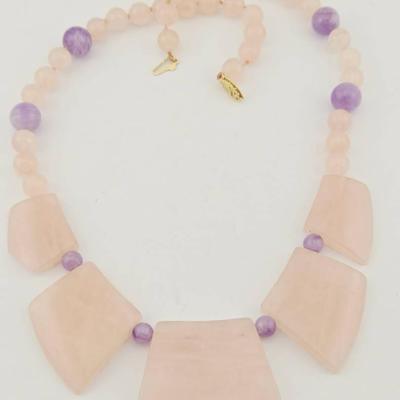 14k Gold Rose Quartz & Amethyst Bead Necklace 