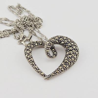 Sterling Silver Italian Marcasite Heart Necklace 