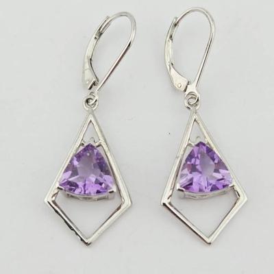 2.92cttw Trillion Cut Amethyst Platinum Plated Sterling Silver Earrings 