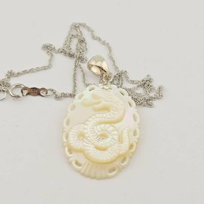 Sterling Silver Mother Of Pearl Dragons Pendant Necklace 