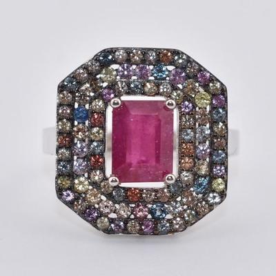 Sterling Silver 1.5 Carat Rectangular Ruby & Pavé Sapphire Ring