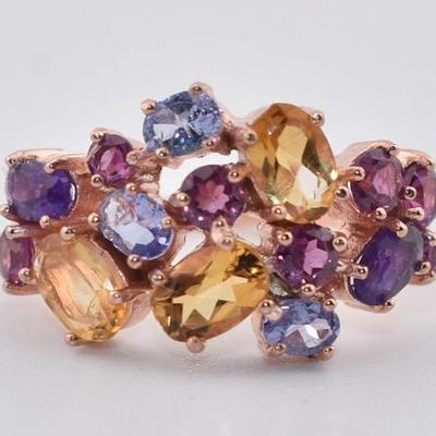 Sterling Silver Rose Vermeil Natural Unheated Citrine, Amethyst, Garnet & Tanzanite Ring