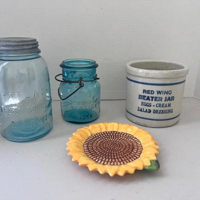 Blue Canning Jars Altas & McDonald, Sunflower Spoon Rest, Red Wing Crock Stoneware Blue Band