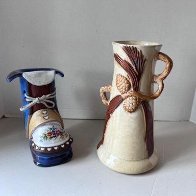 Clay Cobbler Boot Pottery Holder, Pinecone Pottery Vase Double Handle