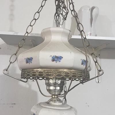 MCM Hanging Swag Hurricane Lamp Brass Glass Flowers
