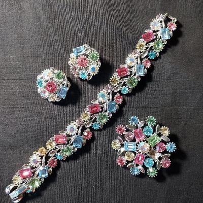 Linser Aurora Borealis Crystal Bracelet Earrings Brooch 
