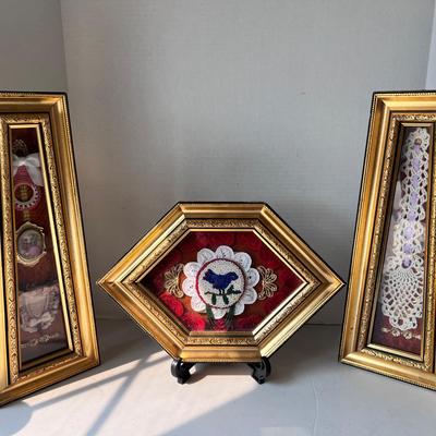MCM Framed Shadow Boxes w/ Brooches, Crochet Doilies, Seed Bead Emblem 