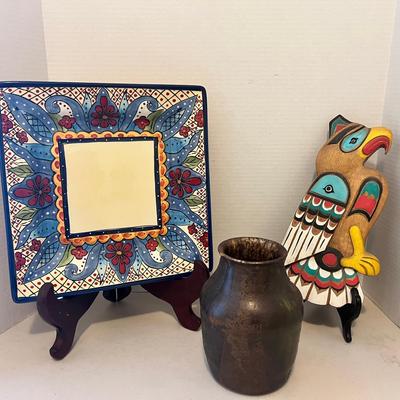 Espana Tabletops Square Plate Tray, Native American Wood Tribal Bird Haida Wall Hang