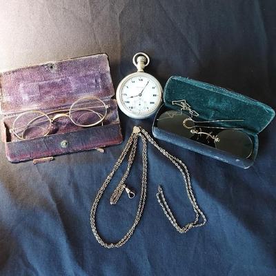 Antique Eyeglasses Case (2), Hamilton Pocket Watch & Slide Chain W & SB