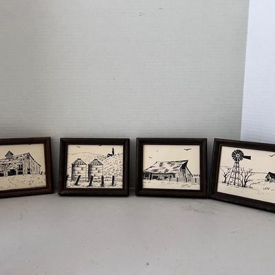 4 Wood Framed Drawings By Joy Local Artist Barn Grain Bins Windmill 