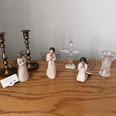 Willow Tree Demadaco Figures (3), Brass Candlesticks, Waterford Crystal Cross, Irish Crystal Vase