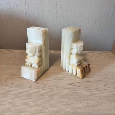 Tribal Aztec Tiki Carved Alabaster Bookends 