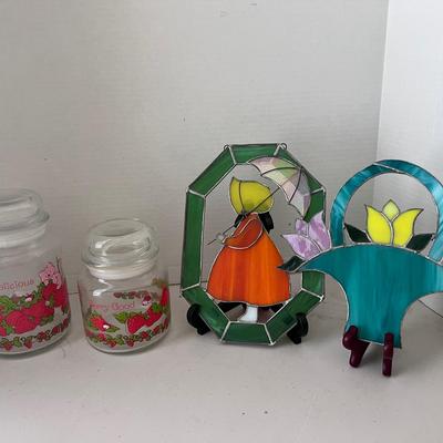 Strawberry Shortcake Glass Container Jars (2), Stained Glass Holly Hobbie & Flower Basket 