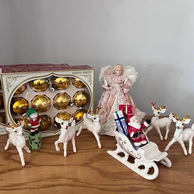Vintage Christmas Ceramic Electric Angel, Shiny Brite Bulbs, Santa Sleigh Reindeers 