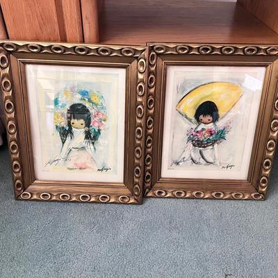 DeGrazia Wood Framed Prints Pair Boy Girl Flowers 1973 