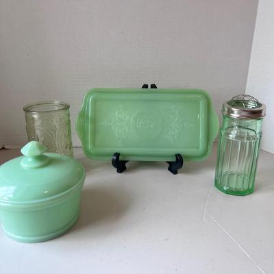 Mosser Jadeite Candy Dish & Tray, Glass Jar Green w/ Mesh Wire