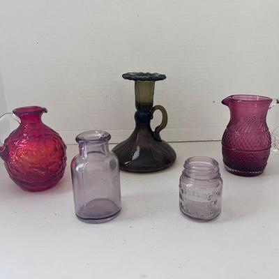 Pilgrim Glass Pitchers Purple & Amberina, Dark Green Chamber Glass Candle Sticks, 2 Apothecary Jars