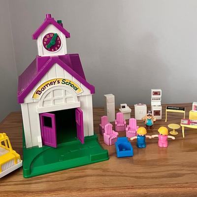 Vintage Barney Playhouse, Bus & Mixed Dollhouse Furniture 