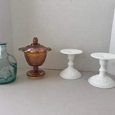 Carnival Glass Candy Dish, Westmoreland Milk Glass Candle Sticks, Libbey Glass Green Jar 