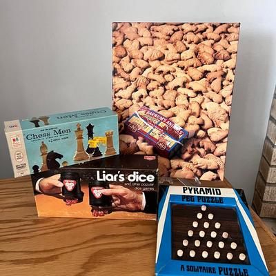 Vintage Springbok Animal Snackers Puzzle, Lowe Liars Dice, Chess Men, Pyramid Peg 