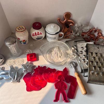 Fire King Milk Glass Pepper Shaker, Glass Juice Reem, Cheese Graters, Variety of Cookie Cutters
