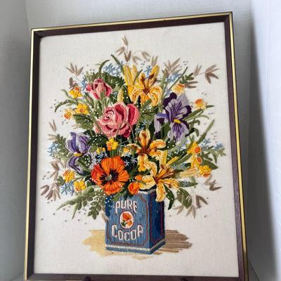 Framed Crewel Embroidery Wall Hanging Still Life Flower Bouquet