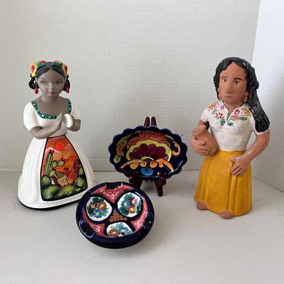 Lupita Mexican Doll Figure, Handmade Clay Mexican Figure, Talavera Bowl & Ashtray 